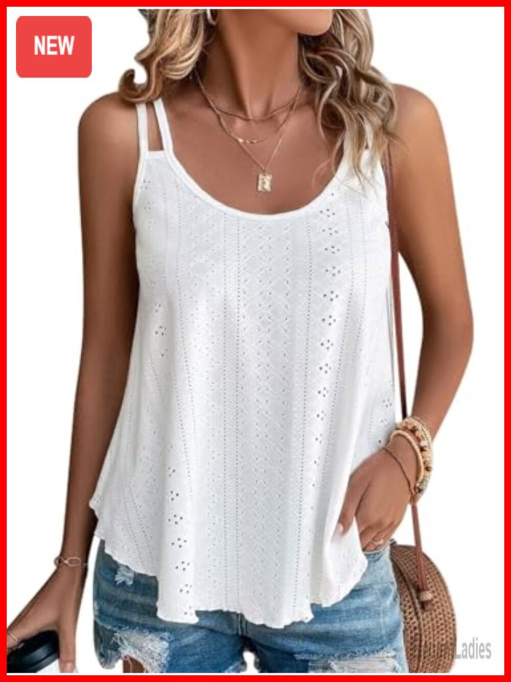 Womens Eyelet Tank Top Spaghetti Strap Sleeveless Flowy Summer Shirt